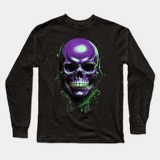 Chic Urban Interpretation: Green and Violet Skull Aesthetic Artwork for Halloween Long Sleeve T-Shirt